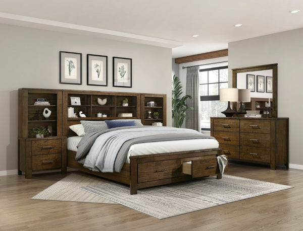 English Elm Bed Eastern King Bookcase Headboard Wire Brushed Oak Storage Footboard Rustic B011S03990