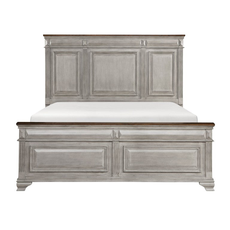 English Elm Bed Mansion Panel California King with Pilaster Molding in Oak Veneer Gray Finish B011S04000