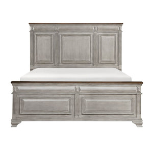 English Elm Bed Queen Traditional Mansion Panel Headboard Oak Veneer Two-Tone Gray Brown Finish B011S04001