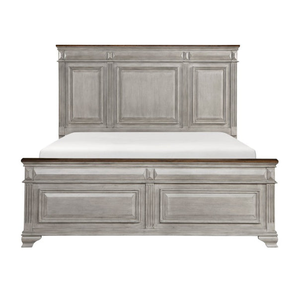 English Elm Bed Queen Traditional Mansion Panel Headboard Oak Veneer Two-Tone Gray Brown Finish B011S04001