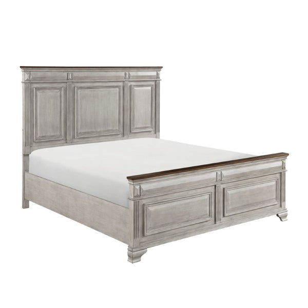 English Elm Bed Queen Traditional Mansion Panel Headboard Oak Veneer Two-Tone Gray Brown Finish B011S04001