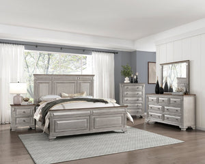 English Elm Bed Queen Traditional Mansion Panel Headboard Oak Veneer Two-Tone Gray Brown Finish B011S04001