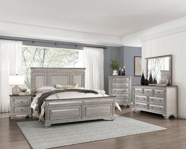English Elm Bed Queen Traditional Mansion Panel Headboard Oak Veneer Two-Tone Gray Brown Finish B011S04001