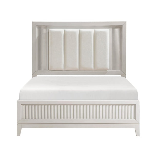 English Elm Bed California King LED Backlit Upholstered Frame with Reeded Ivory Headboard Panel B011S04002