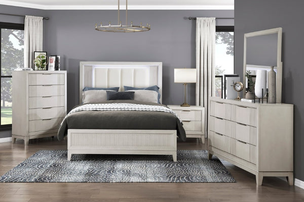 English Elm Bed California King LED Backlit Upholstered Frame with Reeded Ivory Headboard Panel B011S04002
