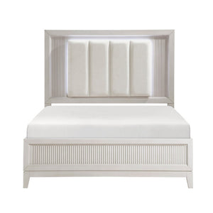 English Elm Bed California King LED Backlit Upholstered Frame with Reeded Ivory Headboard Panel B011S04002