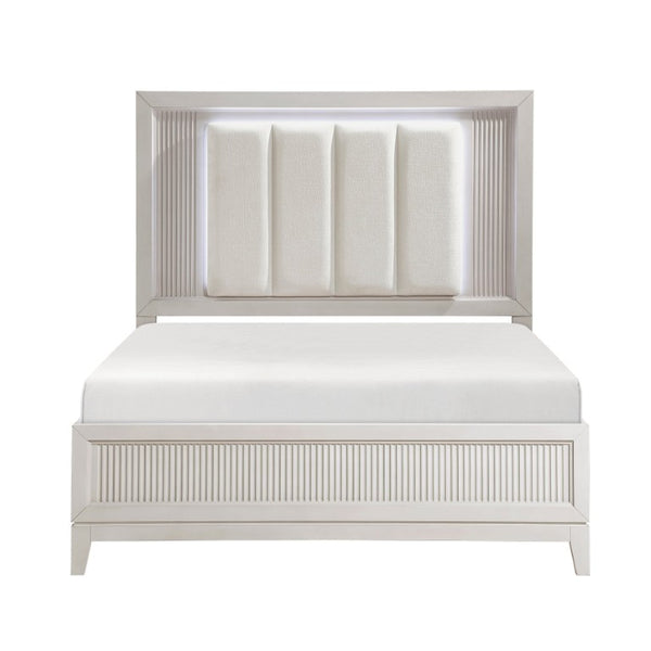 English Elm Bed California King LED Backlit Upholstered Frame with Reeded Ivory Headboard Panel B011S04002