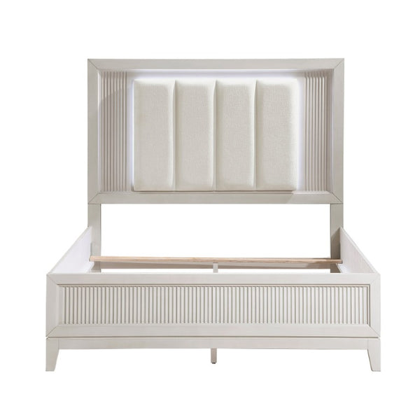 English Elm Bed California King LED Backlit Upholstered Frame with Reeded Ivory Headboard Panel B011S04002