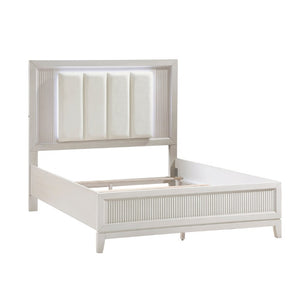 English Elm Bed California King LED Backlit Upholstered Frame with Reeded Ivory Headboard Panel B011S04002