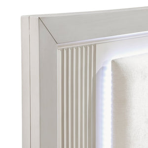 English Elm Bed California King LED Backlit Upholstered Frame with Reeded Ivory Headboard Panel B011S04002