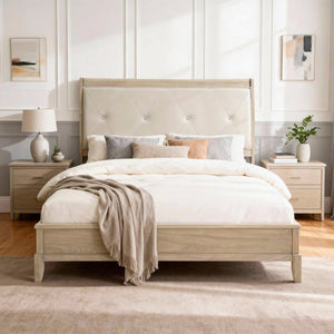 English Elm Bed Eastern King Tufted Faux Leather Headboard Farmhouse Wood Frame Bedroom B011S04004