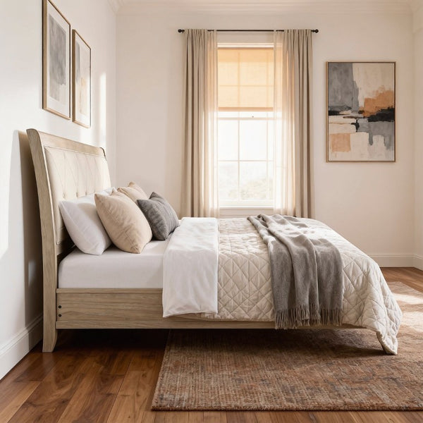 English Elm Bed Eastern King Tufted Faux Leather Headboard Farmhouse Wood Frame Bedroom B011S04004