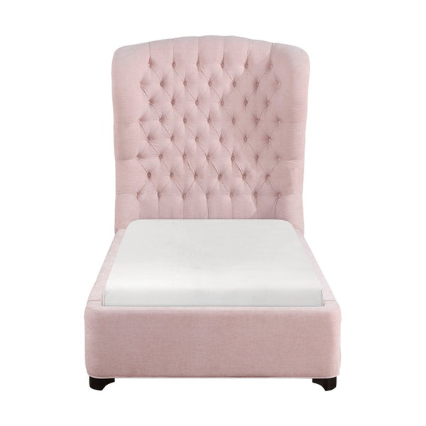 English Elm Bed Twin Wingback Button Tufted Blush Chenille Upholstered Mansion Style Frame B011S04012
