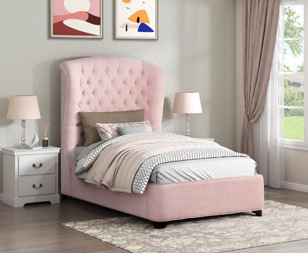 English Elm Bed Twin Wingback Button Tufted Blush Chenille Upholstered Mansion Style Frame B011S04012