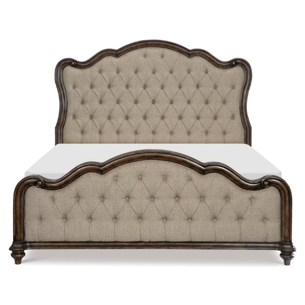 English Elm Bed California King Tufted Upholstered Headboard Oak Veneer Traditional Bedroom Frame B011S04017