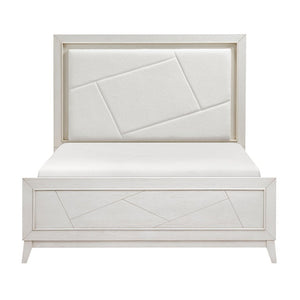 English Elm Bed Eastern King Oak Veneer Ivory Chenille Headboard with LED Ambient Backlighting B011S04019