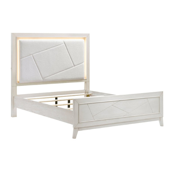 English Elm Bed Eastern King Oak Veneer Ivory Chenille Headboard with LED Ambient Backlighting B011S04019