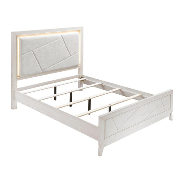 English Elm Bed Eastern King Oak Veneer Ivory Chenille Headboard with LED Ambient Backlighting B011S04019