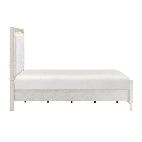 English Elm Bed Eastern King Oak Veneer Ivory Chenille Headboard with LED Ambient Backlighting B011S04019