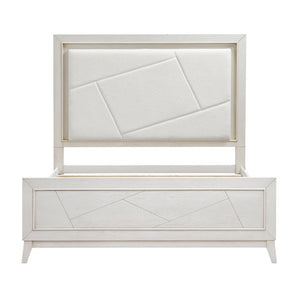 English Elm Bed Eastern King Oak Veneer Ivory Chenille Headboard with LED Ambient Backlighting B011S04019