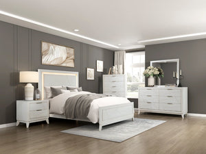 English Elm Bed Eastern King Oak Veneer Ivory Chenille Headboard with LED Ambient Backlighting B011S04019
