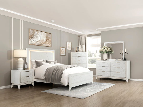 English Elm Bed Eastern King Oak Veneer Ivory Chenille Headboard with LED Ambient Backlighting B011S04019