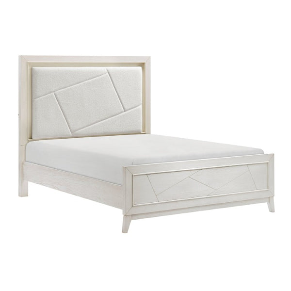 English Elm Bed Eastern King Oak Veneer Ivory Chenille Headboard with LED Ambient Backlighting B011S04019