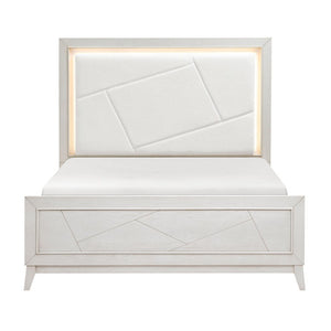 English Elm Bed Eastern King Oak Veneer Ivory Chenille Headboard with LED Ambient Backlighting B011S04019