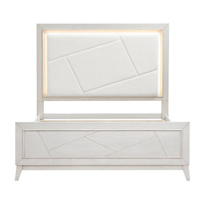 English Elm Bed Eastern King Oak Veneer Ivory Chenille Headboard with LED Ambient Backlighting B011S04019