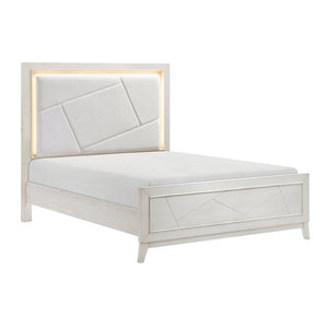 English Elm Bed Eastern King Oak Veneer Ivory Chenille Headboard with LED Ambient Backlighting B011S04019