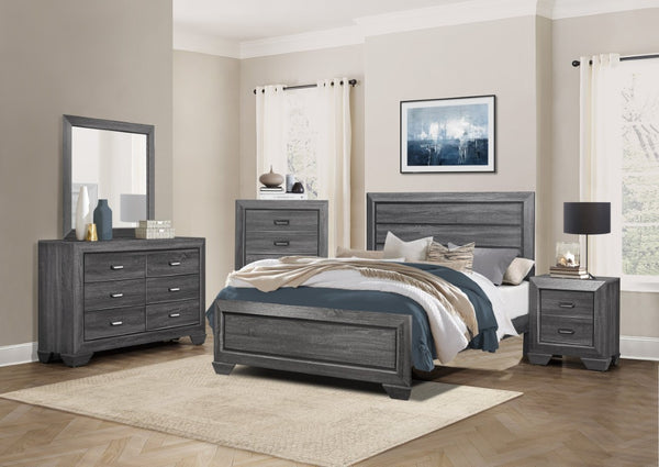 English Elm Bed Queen Gray Engineered Wood Frame with Embossed Raised Panel Headboard for Modern Rooms B011S04021