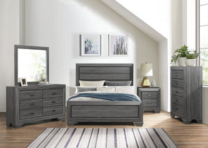 English Elm Bed Queen Gray Engineered Wood Frame with Embossed Raised Panel Headboard for Modern Rooms B011S04021