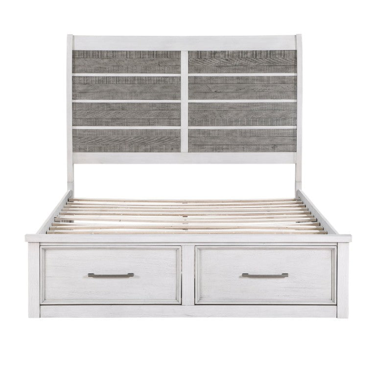English Elm Bed California King Acacia Veneer Storage Footboard Transitional Two-Tone Rustic B011S04024