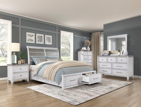 English Elm Bed California King Acacia Veneer Storage Footboard Transitional Two-Tone Rustic B011S04024