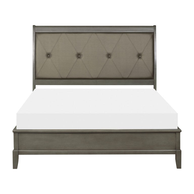 English Elm Bed California King with Tufted Faux Leather Headboard and Birch Veneer Wood Frame B011S04026