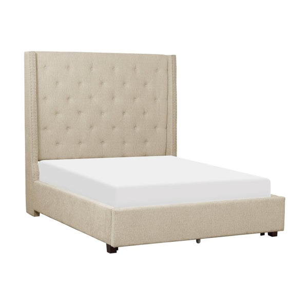 English Elm Bed Queen Upholstered Button Tufted Nailhead Trim Traditional Neutral Bedroom Frame B011S04045