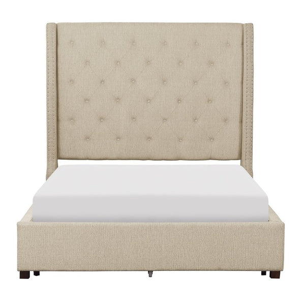 English Elm Bed Queen Upholstered Button Tufted Nailhead Trim Traditional Neutral Bedroom Frame B011S04045