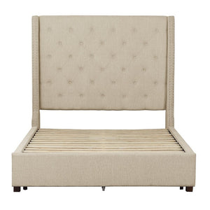 English Elm Bed Queen Upholstered Button Tufted Nailhead Trim Traditional Neutral Bedroom Frame B011S04045