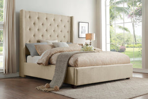 English Elm Bed Queen Upholstered Button Tufted Nailhead Trim Traditional Neutral Bedroom Frame B011S04045