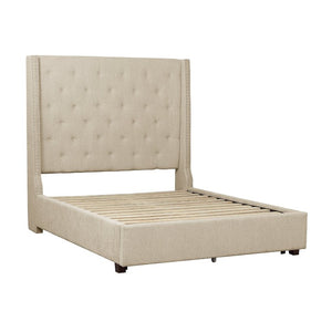 English Elm Bed Full Upholstered Mansion Headboard Button Tufted Nailhead Trim Beige Fabric B011S04046