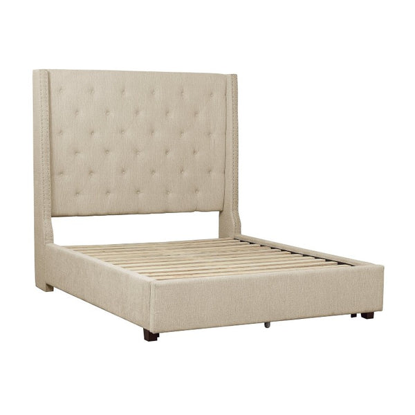 English Elm Bed Full Upholstered Mansion Headboard Button Tufted Nailhead Trim Beige Fabric B011S04046