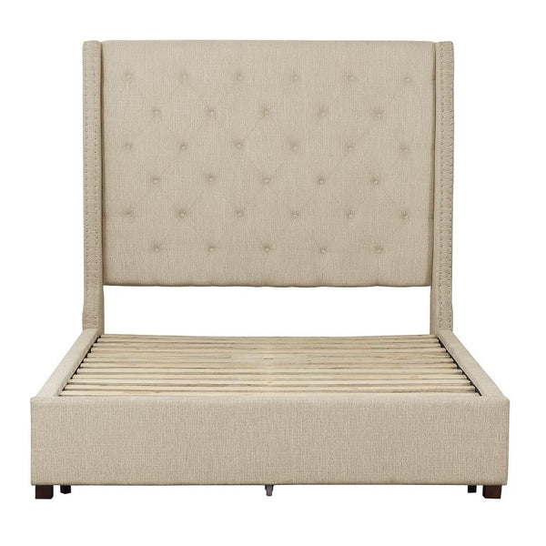 English Elm Bed Full Upholstered Mansion Headboard Button Tufted Nailhead Trim Beige Fabric B011S04046