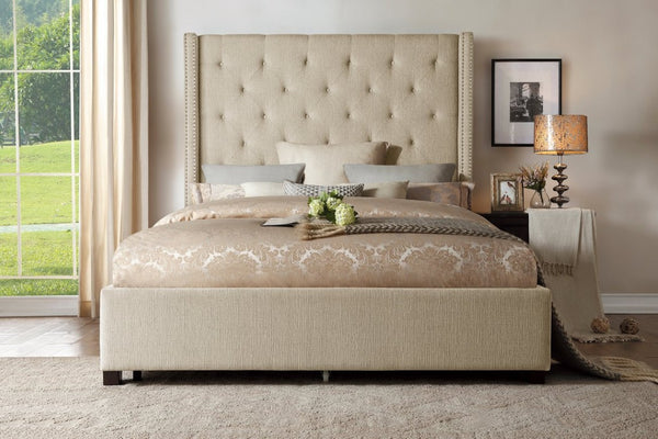 English Elm Bed Full Upholstered Mansion Headboard Button Tufted Nailhead Trim Beige Fabric B011S04046