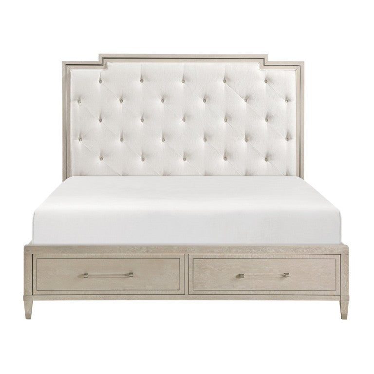 English Elm Bed Eastern King Platform Storage Frame Tufted Chenille Headboard Oak Finish B011S04047