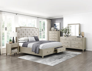 English Elm Bed Eastern King Platform Storage Frame Tufted Chenille Headboard Oak Finish B011S04047
