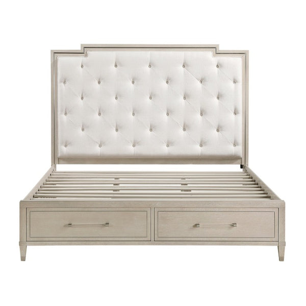 English Elm Bed Eastern King Platform Storage Frame Tufted Chenille Headboard Oak Finish B011S04047