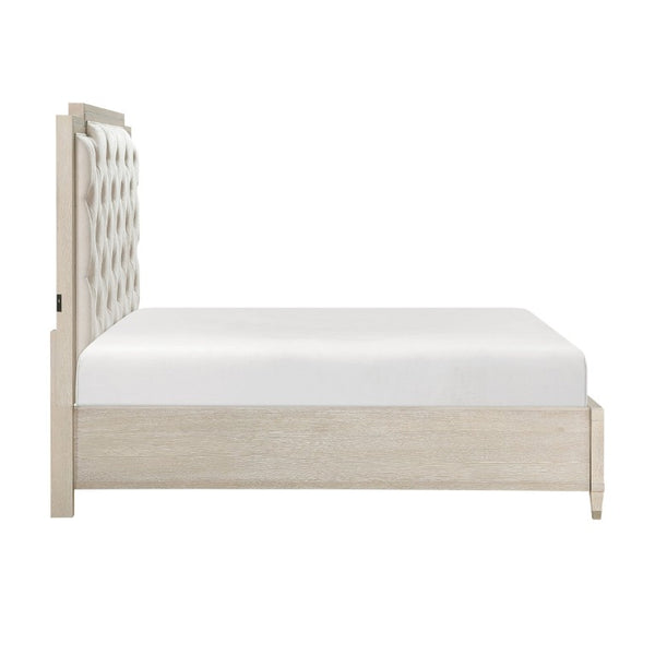 English Elm Bed Eastern King Platform Storage Frame Tufted Chenille Headboard Oak Finish B011S04047