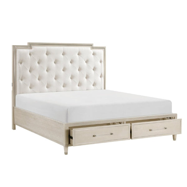 English Elm Bed Eastern King Platform Storage Frame Tufted Chenille Headboard Oak Finish B011S04047