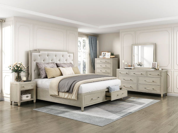 English Elm Bed Queen Storage Platform with Tufted Chenille Headboard and Oak Engineered Frame B011S04049