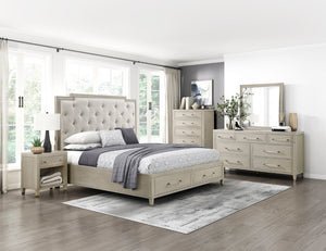 English Elm Bed Queen Storage Platform with Tufted Chenille Headboard and Oak Engineered Frame B011S04049
